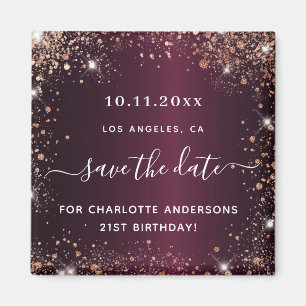 Birthday burgundy rose gold glitter save the date magnet