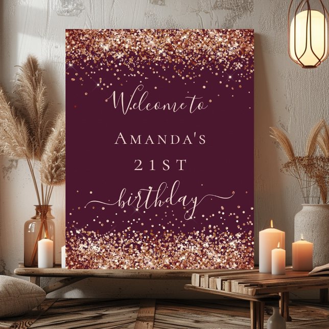 Birthday burgundy rose gold glitter welcome poster (Creator Uploaded)