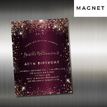 Birthday burgundy rose gold magnet invitation<br><div class="desc">For an elegant 40th (or any age) birthday.  A burgundy background color. Decorated with rose gold faux glitter,  sparkles. Personalize and add a name,  age and party details. The name is written with a hand lettered style script</div>