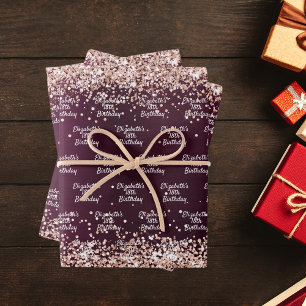 Birthday burgundy rose gold name elegant wrapping paper sheet