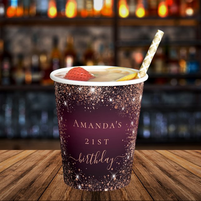 Birthday burgundy rose gold name party paper cups (Creator Uploaded)