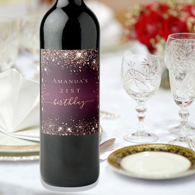 Birthday burgundy rose gold name script wine label (Creator Uploaded)