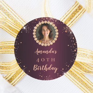Birthday burgundy rose gold photo diamonds classic round sticker
