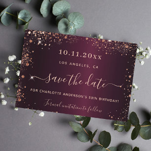 Birthday burgundy rose gold save the date