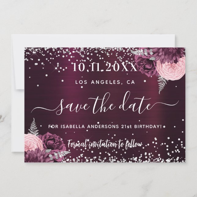 Birthday burgundy silver floral save the date (Front)