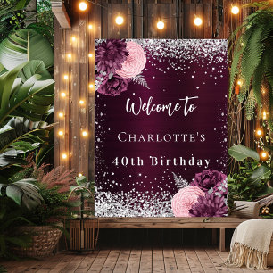 Birthday burgundy silver flowers welcome poster