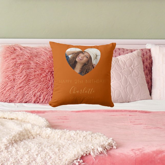 Birthday burnt orange photo name script cushion (Creator Uploaded)