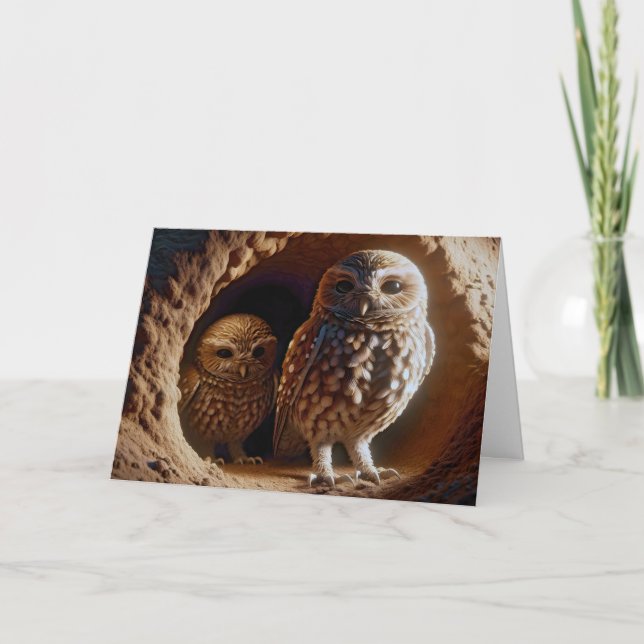 Birthday Burrowing Owls In a Cave Card (Front)