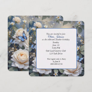 Birthday Butterflies On White Roses and Daisies Invitation