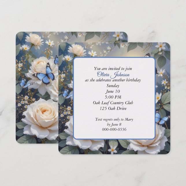 Birthday Butterflies On White Roses and Daisies Invitation (Front/Back)
