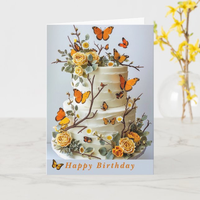 Birthday Butterflies Roses Daisies Country Card (Yellow Flower)