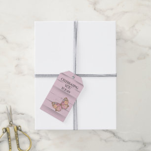 Birthday Butterfly on Pink Embossed Background Gift Tags