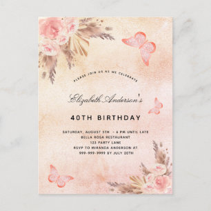 Birthday butterfly pampas grass blush boho invitation postcard
