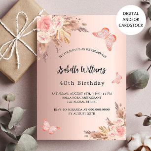 Birthday butterfly pampas grass blush rose gold invitation