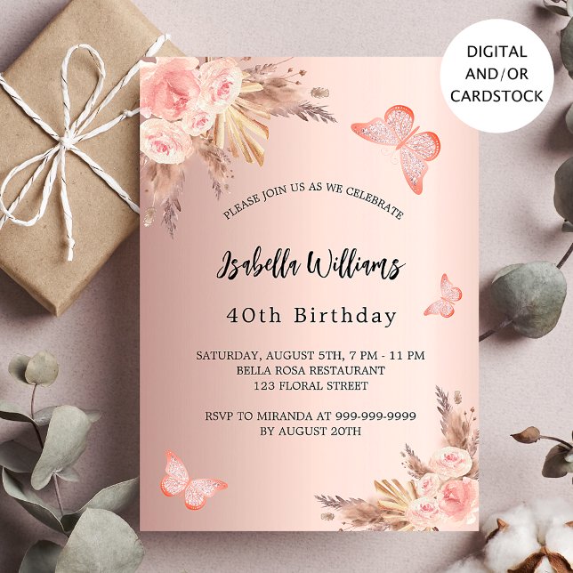 Birthday butterfly pampas grass blush rose gold invitation (Creator Uploaded)