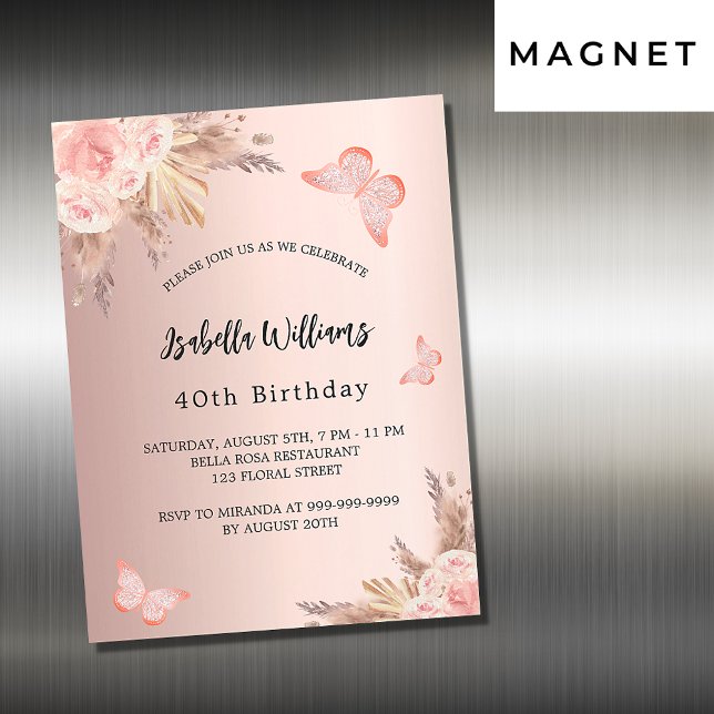 Birthday butterfly pampas rose gold floral luxury magnetic invitation (Creator Uploaded)