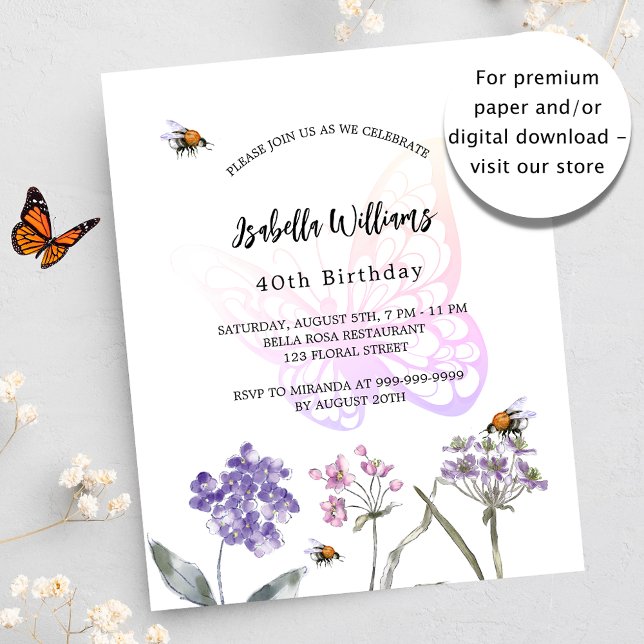 Birthday butterfly violet flower budget invitation (Creator Uploaded)