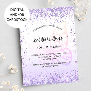 Birthday butterfly violet lavender script invitation