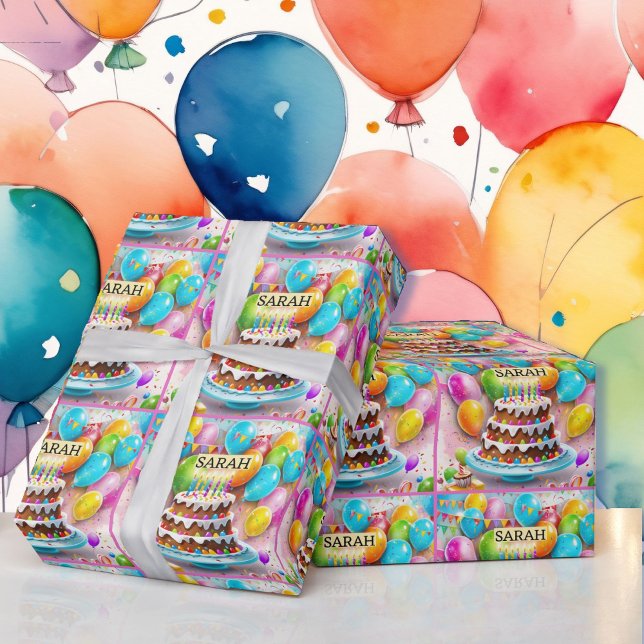Birthday Cake Balloons Add Girl's Name Colourful Wrapping Paper (Creator Uploaded)