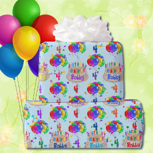 Birthday Cake Balloons Personalise Boy's Name Age Wrapping Paper