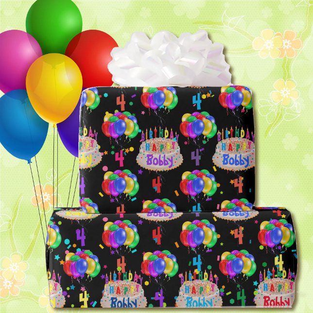 Birthday Cake Balloons Personalise Boy's Name Age  Wrapping Paper (Creator Uploaded)