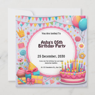 Birthday Cake & Balloons Personalised Invitation
