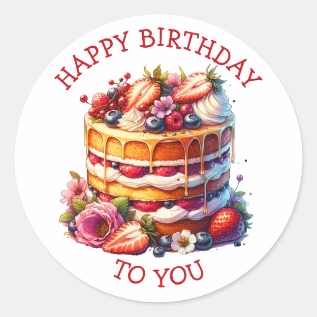 Birthday Cake Berries and Flowers Personalised Classic Round Sticker (Front)