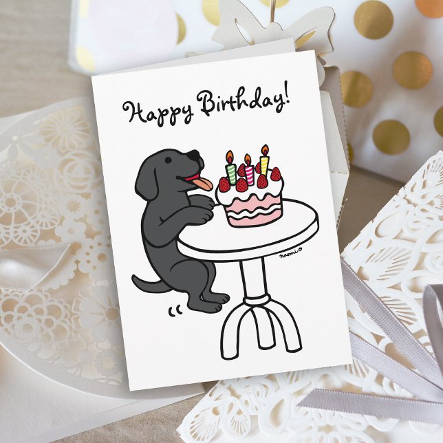 Birthday Cake Black Labrador Cartoon Plain Card (Birthday Cake Black Labrador Cartoon Birthday Card with plain white background for dog lovers.)