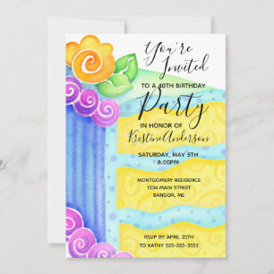Birthday Cake Blue Yellow Floral 40th Party Invitation