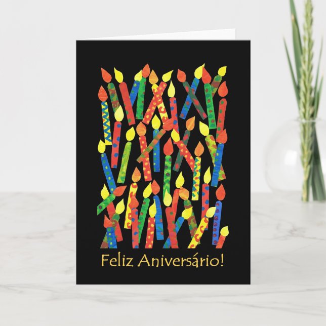 Birthday Cake Candles Card, Portuguese Greeting Card (Front)