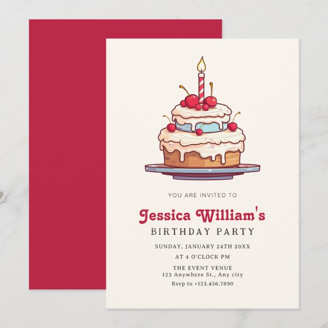 Birthday cake cherry invitation (Front/Back)