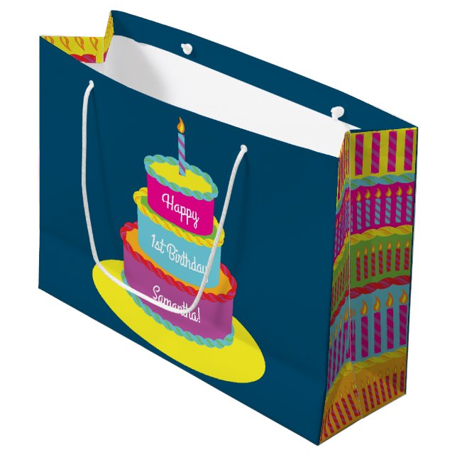 Birthday Cake Cute Colourful 1st Party Theme Large Gift Bag (Front Angled)