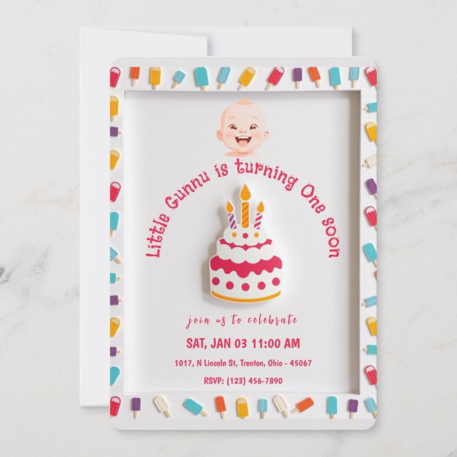 Birthday Cake Design with Popsicle Border Invitation (Front)