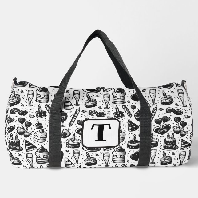 Birthday cake doodle black and white pattern 4 duffle bag (Front)