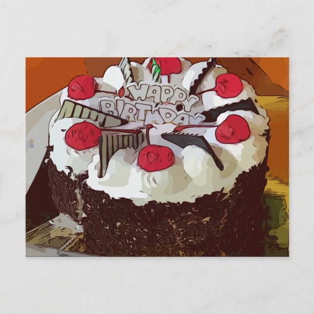 Birthday Cake Happy Birthday with red cherry Postcard (Front)