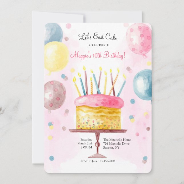 Birthday Cake in Watercolor Invitation (Front)