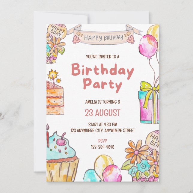 Birthday Cake Kids Party Invitation  (Front)