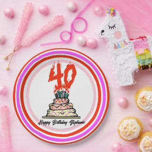Birthday Cake on Fire with 40 Candles Paper Plate