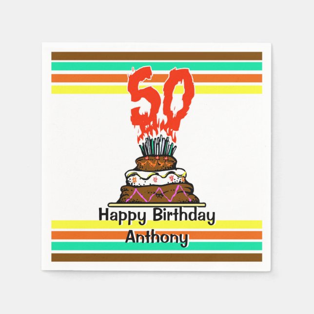 Birthday Cake on Fire with 50 Candles Napkin (Front)