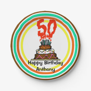 Birthday Cake on Fire with 50 Candles Paper Plate
