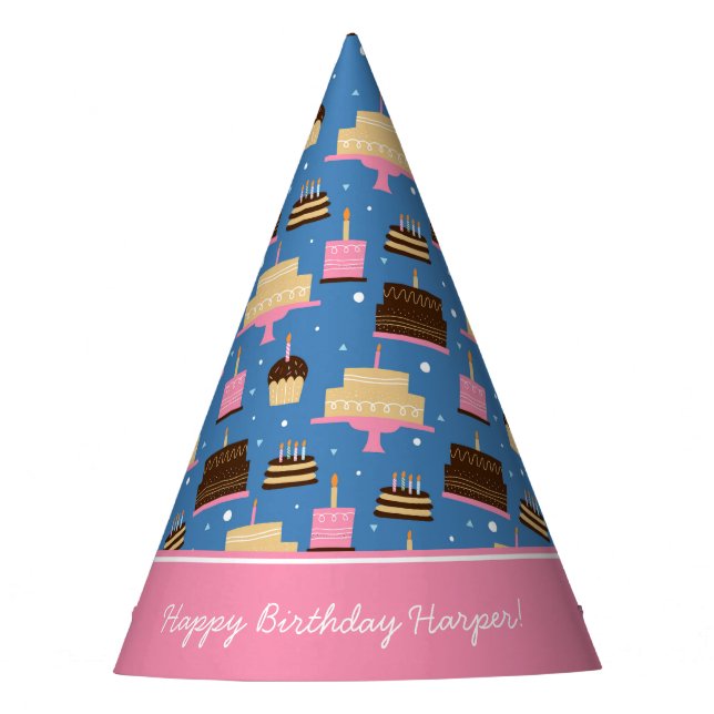 Birthday Cake Pattern Custom Name + Greeting Party Hat (Front)