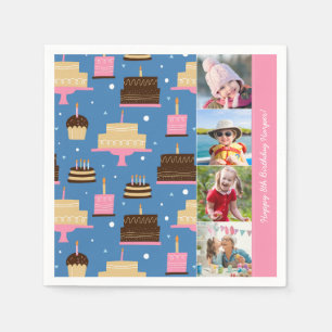 Birthday Cake Pattern Custom Name + Greeting Photo Napkin