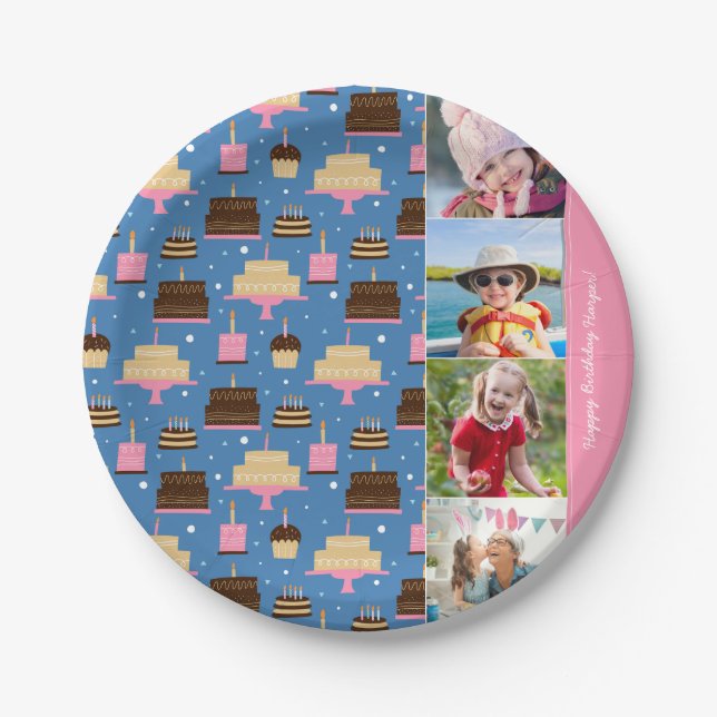 Birthday Cake Pattern Custom Name + Greeting Photo Paper Plate (Front)