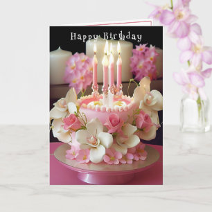 Birthday Cake Pink Candles Lovely Flowers  Card