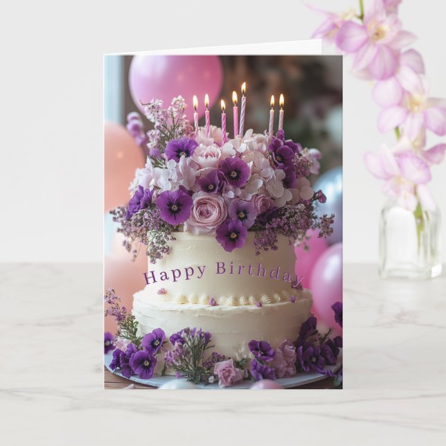 Birthday Cake Purple Pansies Hydrangea Birthday Card (Orchid)