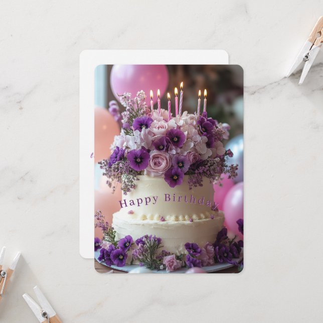 Birthday Cake Purple Pansies Hydrangea Birthday Card (Front/Back In Situ)