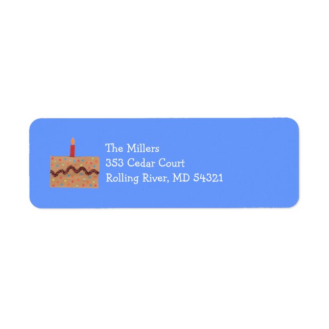 Birthday cake return address label -- blue (Front)