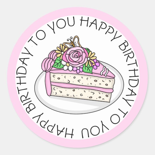 Birthday Cake topped with Roses and Flowers   Classic Round Sticker (Front)