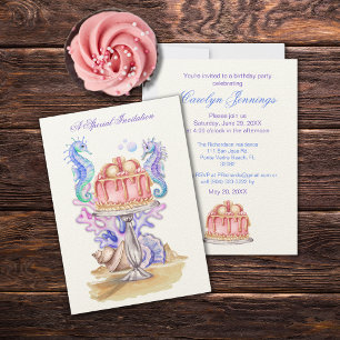 Birthday Cake Watercolor Seahorse Party Invite