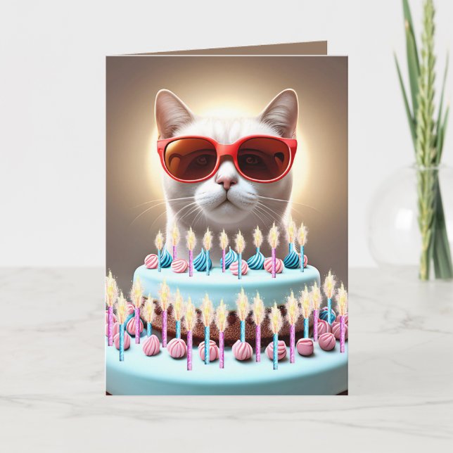 Birthday Cake With Cat and Sunglasses Card (Front)
